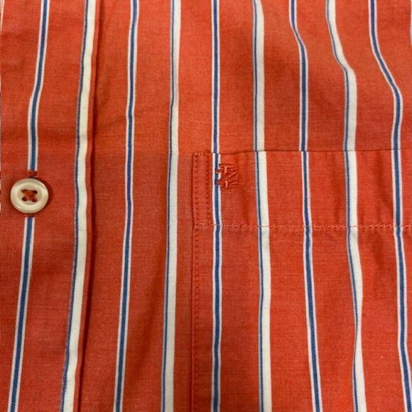 IZOD Men's Button Down Shirt Orange Stripe Blue White Size Medium - Picture 2 of 8